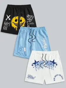 3 Pack Graffiti Graphic Shorts - Multi Color Y2K Streetwear Casual Summer Shorts