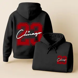 Men's Chicago 23 Printed Drawstring Hoodie, Menswear, Casual Athletic Long Sleeve Hooded Jacket for Fall & Winter, Men's Clothing for Daily Wear, Sportswear for Indoor and Outdoor, Athleisure Summer Clothes