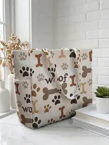Dog Bone & Paw Print Travel Bag, Travel Carryall, Large Capacity Storage, Durable Multi-Pocket Design, Zipper Closure, Ideal for Work, Shopping, Picnic