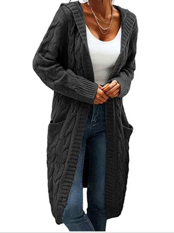 Plus Size Hooded Knitwear Cardigan, Solid Casual Button-Down Sweater Coat with Long Sleeves and Pockets, Sweaters, Cardigans, Tops, Knitted Fabric, Knitting, Basic