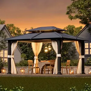 12 FT x 14 FT Aluminum Hardtop Gazebo - Double-Layer Roof with Curtains & Netting, Spacious Weather-Resistant Shelter for Backyards