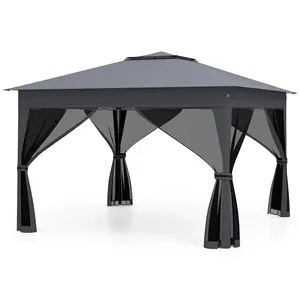 COSTWAY - 11 X 11 FT Pop Up Gazebo with Mesh Netting and Double Roof-Gray