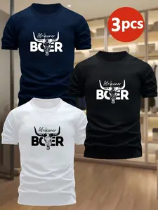 Men's Fashion Short Sleeve Round Neck T-Shirt, Unique Bull Skull Pattern, Afrikaner Boer Design, Casual Loose Fit, Geometric Print, 3-Pack