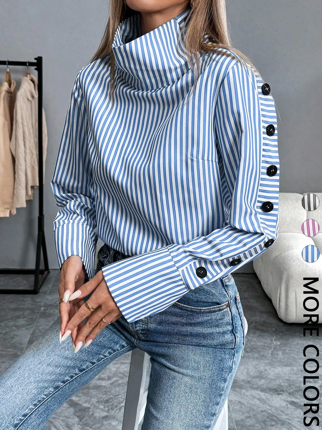 Women's Casual Striped High-Neck Shirt Blouse, Button Design, Daily Wear, Fall/winter, Office Commute Essential, Fitted Style, All Seasons