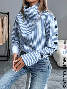 Women's French Striped Casual Everyday Long Sleeve Button-Up Shirt Blouse, Womenswear, Fitted Style, All Seasons Wear, Comfortable, Chic and Stylish, Casual Everyday Top