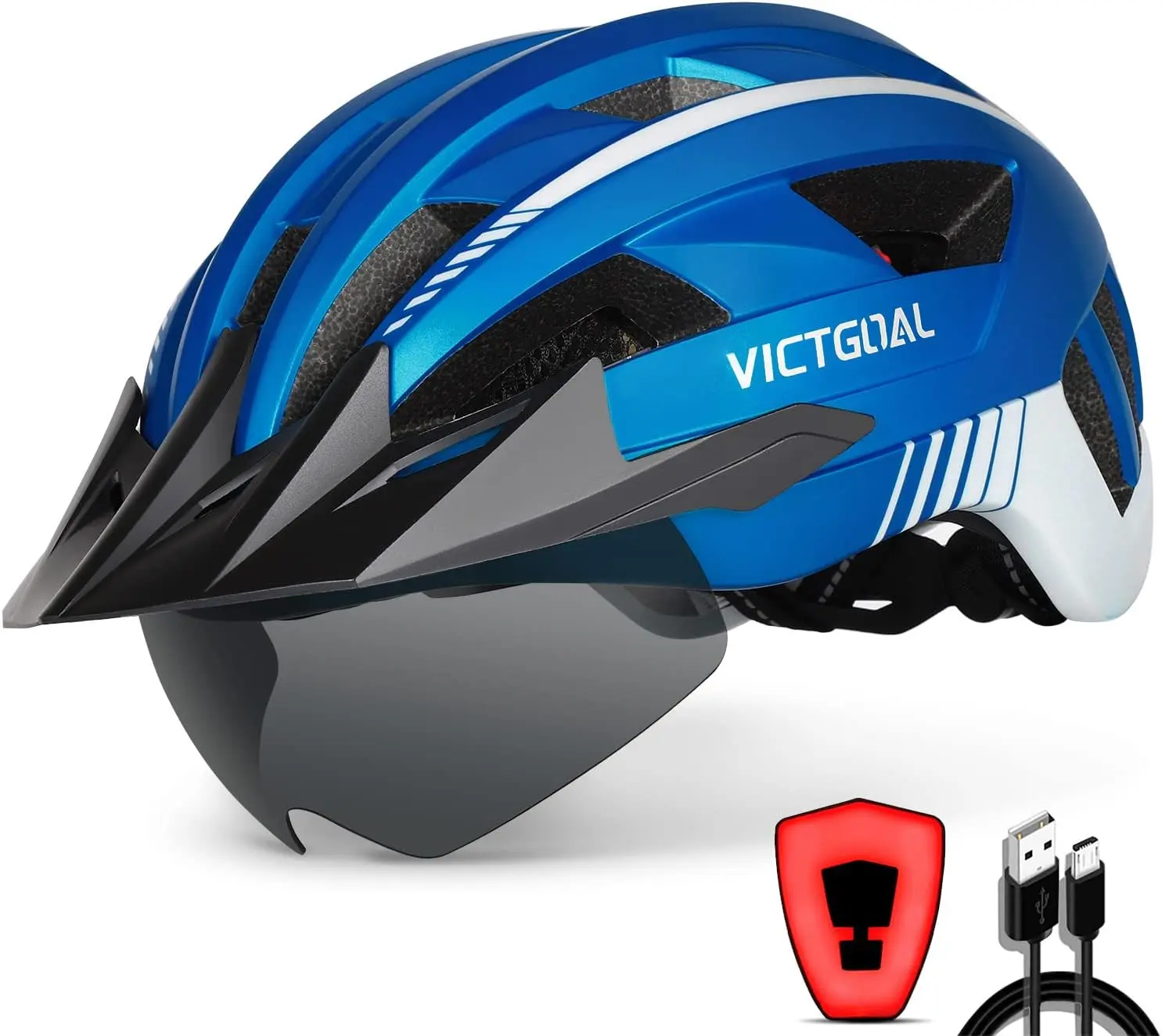 VICTGOAL Bike Helmet Adult Men Women with LED Rear Light, M/L/XL Sizes | 3 Modes Rechargeable Rear Light, Magnetic Goggles, Removable Sun Visor, 54-63Cm Range for Adult Youth Outdoor Road Cycling