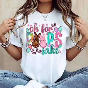 Oh For Peeps Sake Easter Bunny Rabbit Cotton T Shirt Women's Casual Round Neck Short Sleeve Regular Fit Summer Top Machine Washable USA Made Fashion Graphic Tee for Easter Party Fun Holiday Wear2ZX