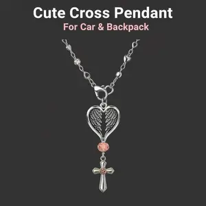 Guardian Heart Wing Cross Charm, Silver Color Pendant with Crystal, Elegant Decoration for Car Steering Wheel & Handbag Accessories, Car Ornament, Car Hanging Decoration
