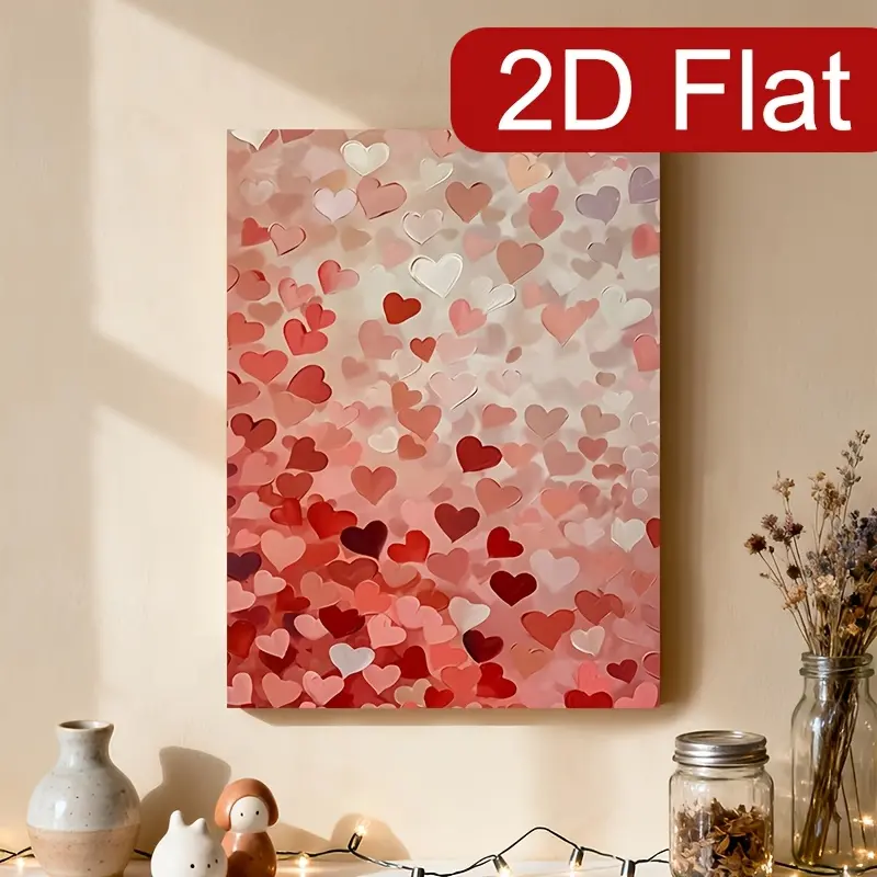 2D Flat, Wooden Frame Vintage Valentine's Day Heart Print Wall Art - Romantic Couple Love Poster, Pink and Red Heart Decoration for Bedroom, Living Room, Kitchen - Painting Gift & (Valentine's Day Gift Idea)