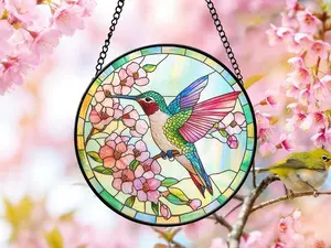 Hummingbird Cherry Blossom Stained Glass Suncatcher, Spring Bird Glass Suncatcher Handmade, Garden Suncatcher Gift