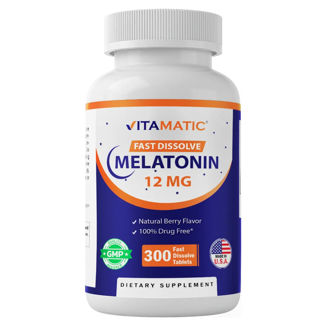 Vitamatic 12 mg Melatonin Sleep Aid - Natural Berry Flavor, 300 Fast Dissolve Tablets, Formulated by Healthcare Professionals, Non-GMO, Gluten-Free Healthy Sleep Supplement, Healthy Sleep Supplements