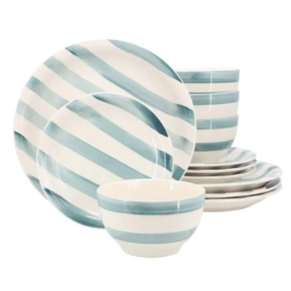 Gibson Home Kenwood Shores 12-Piece Ceramic Blue Stripe Dinnerware Set - Rustic Charm, Everyday Use, Includes Dinner Plates, Dishwasher Safe, Microwave Safe, Hand Painted