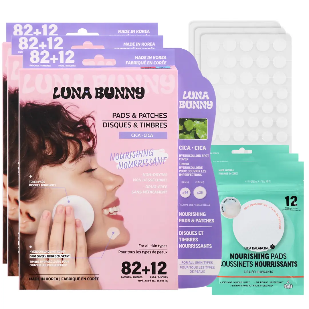 [Luna Bunny] 3PK Acne Patches & Nourishing Toner Pads Set – Hydrocolloid Pimple Patches for Face, Korean Skincare Acne Spot Treatment with Cica, Non-Drying Facial Toner Pads,246 Patches + 36 Pads