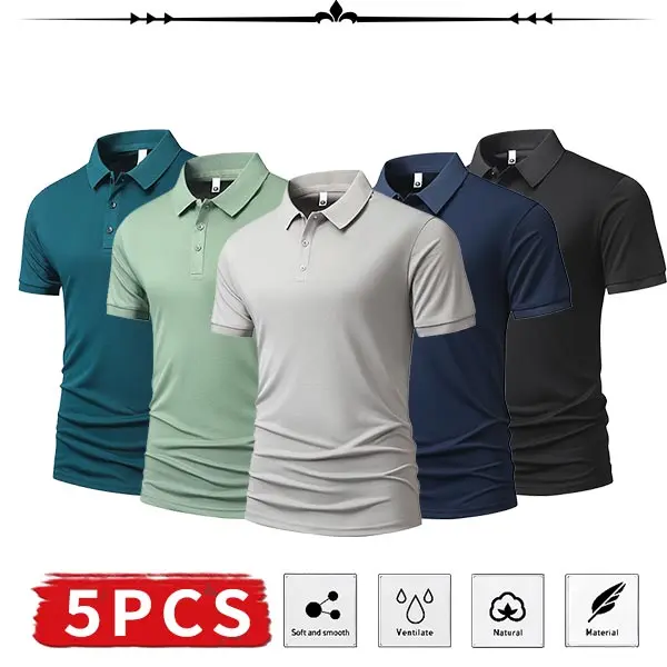 Men's 5-Pack Short-Sleeve Polo Shirts, Low-Saturation Tones for Stable Sophisticated Look, Classic Notched Collar, Breathable Soft Moisture-Wicking Fabric, Suitable for Business