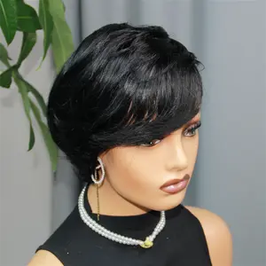 Women'S Glueless Virgin Human Hair Wig 6-Inch 180% Density Pixie Cut with Bangs Straight Hair Style Machine Made Rose Net Cap