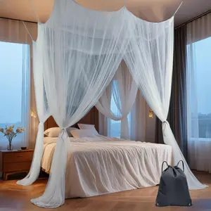 Mosquito Net, White Bed Canopy, Canopy Bed Curtains Bed Drapes for Single & Double Beds - Mesh Bed Cover with 4 Openings, Carry Bag - for Bedroom, Camping & Travel