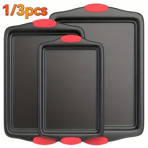 Non-Stick Baking Tray Set, Rectangular Oven Trays, Silicone Handle, Heat-Resistant, Easy Clean, Ideal for Cookies, Cakes, Bread, Kitchen Bakeware