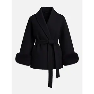 Women's Elegant Solid Color Waist Tie Plush Long Sleeve Thermal Wrap Coat