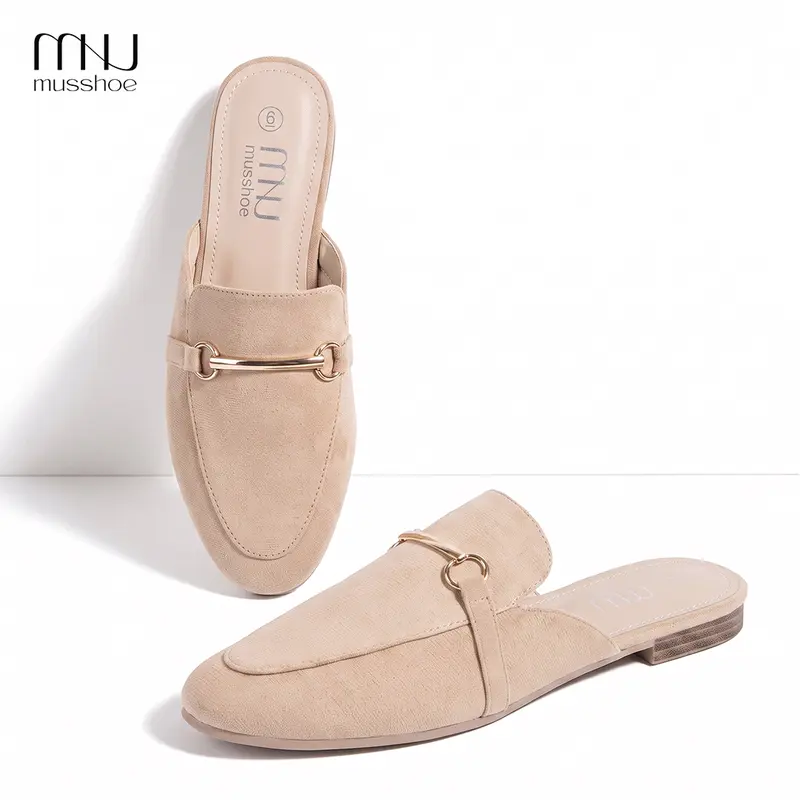 MUSSHOE Women's Plain Cuban Flat Half Slipper Mules - Beige Suede-Look Closed-Toe Slip-On Footwear with Gold Horsebit, Rubber-Fabric Cushioned Heel for Work & Casual Wear