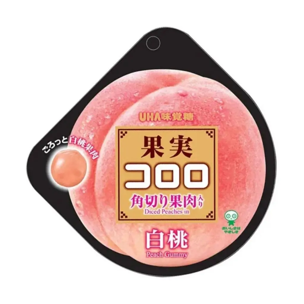UHA Mikakuto Fruit Cororo Sweet Juicy Soft Snack Candy with Diced Fruit Pieces, White Peach Flavor - 40g