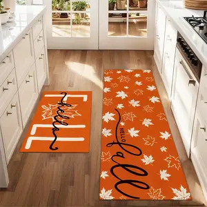 2Pcs Autumn Maple Leaves With Orange Background Floor Mat Set Farmhouse Kitchen Rug Dining Room Flooring Laundry Room Decor Carpet Mat, Home Decor Rugs, Kitchen Area Rug, Household Decorative Rug