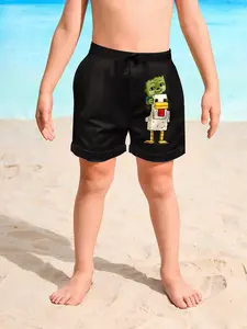 Boys' Fun Science Monster Swim Trunks, Cartoon Frankenstein Print, Quick-Dry Beach Shorts, Casual Fitted Knee-Length, Kids Swimwear Shorts