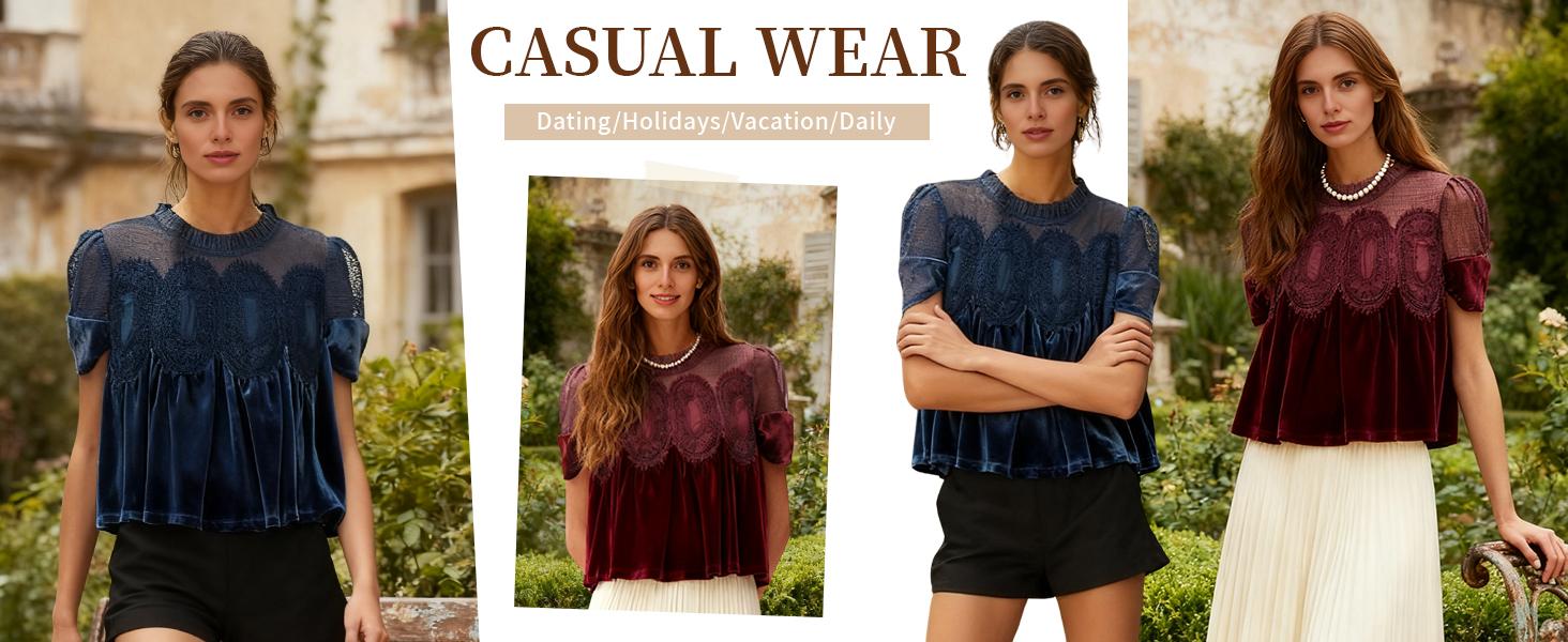 Tanming Women's Short Sleeve Velvet-Lace Polyester Mix Blouse - Chic Crew Neck, Ruffle Detail, Flowy Style, Gentle Wash, Vintage Elegance Top for Everyday, Party, Casual Wear