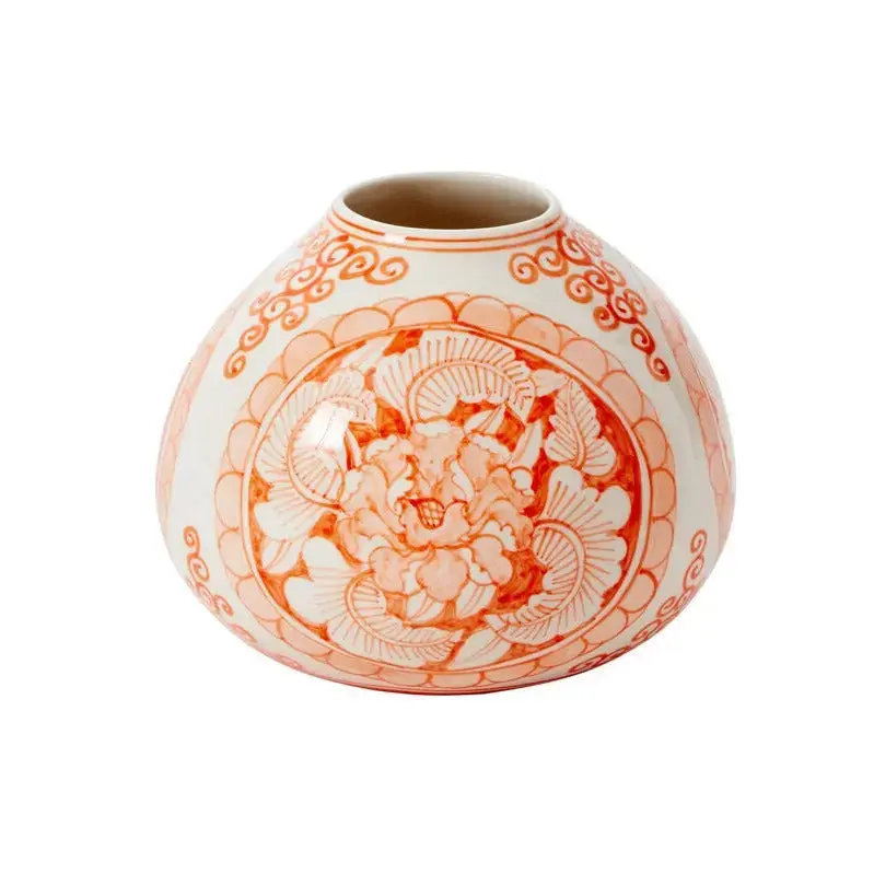 Traditional Coral Orange & White Hand-Painted Chinoiserie Ceramic Eleanor Bulb Budvase - Vintage Home Decor for Floral Arrangements