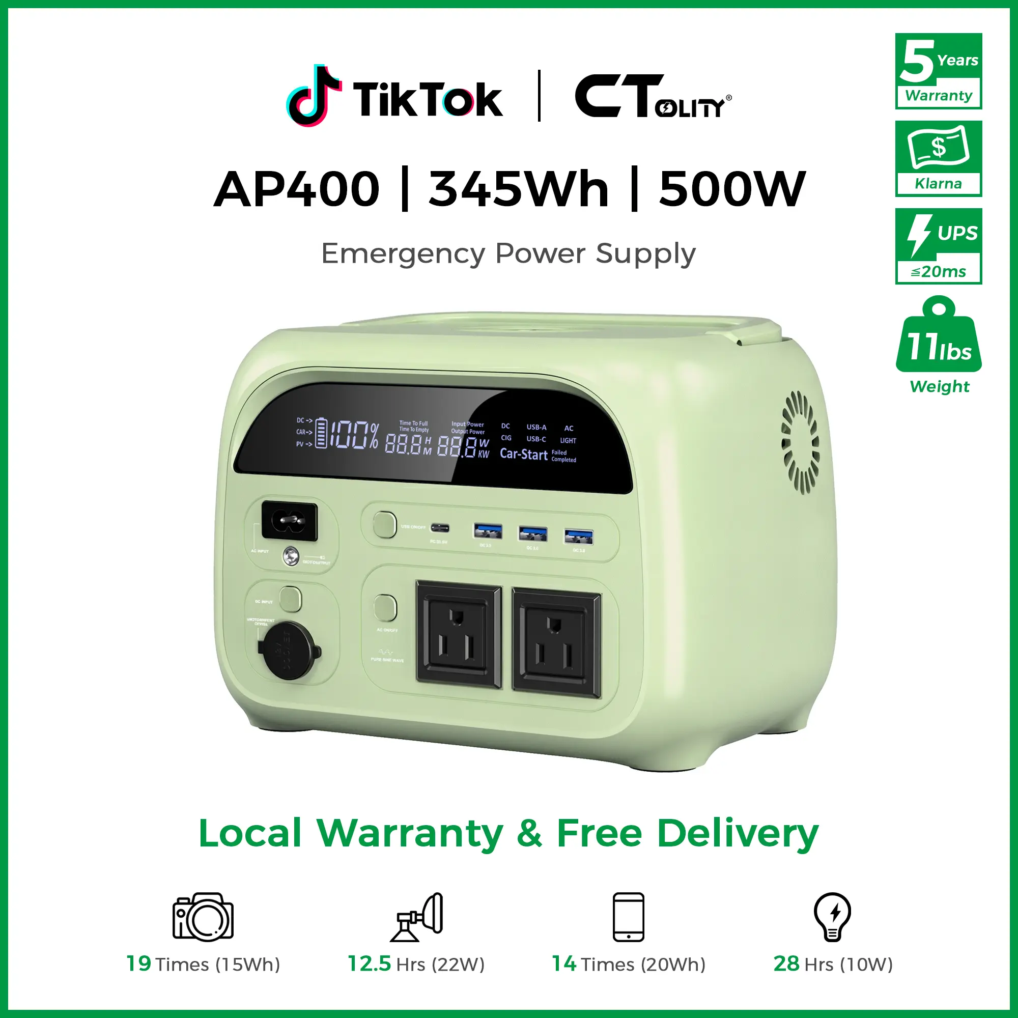 [Summerfinds]CTOLITY AP400 Sage Green Portable Power Station 345WH 500W – Reliable Power Supply for RV, Home Backup, and Outdoor Adventures, Fast Charging, Lightweight & Portable