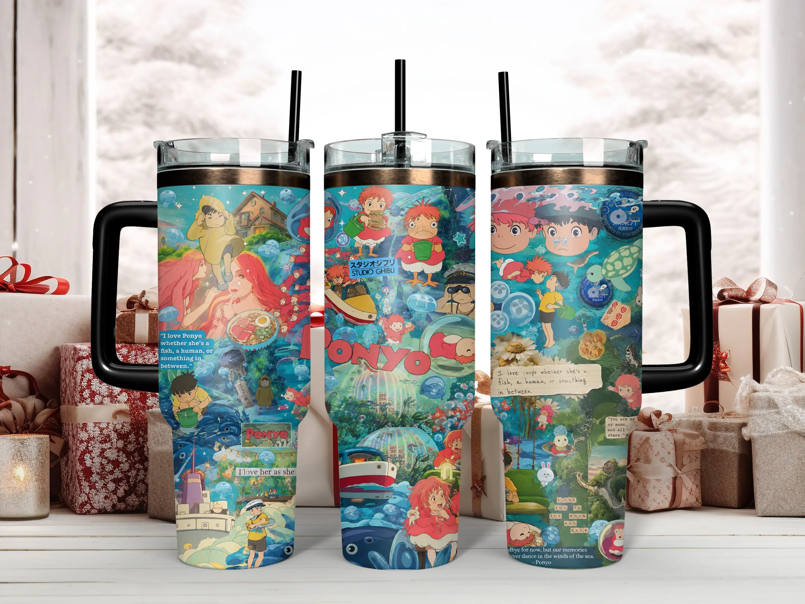 Studio Ghibli Ponyo on the Cliff by the Sea Cinematic Collage Tumbler - 40oz Insulated Stainless Steel Travel Mug with Handle & Straw - Featuring Ponyo, Sosuke, Ocean Magic & Ramen Scenes for Miyazaki Anime Fans