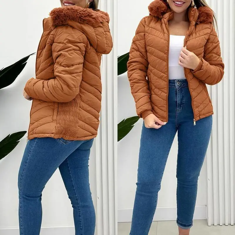 CHICME Women's Casual Fitted Fleece-Lined Hooded Puffer Coat - Fur Trim, Zipper-Up, Shirred Waist, Windproof, Detachable, Long-Sleeve, Pocketed Outerwear