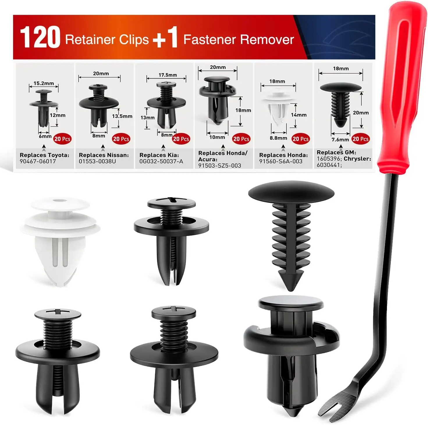 Nilight 120PCS Car Retainer Clips Fastener Remover 6mm 7.6mm 8mm 8.8mm10mm Expansion Screws Replacement Kit Bumper Push Rivet Clips for GM Ford Honda Chrysler 1 PC Fastener Remover