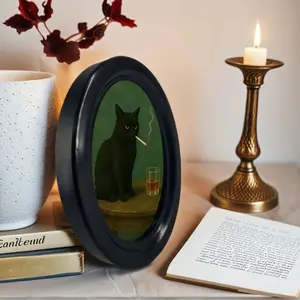 Vintage Art Style Cat Smoking at Bar Decorative Wall Mural, Oval Hanging Canvas, Retro Oil Painting, Home Decoration Gift for Cat Lovers