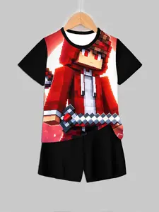 Pixel Game Character Print Short Sleeve Shorts Set, Trendy Esports Casual Kids Clothing Children, Summer