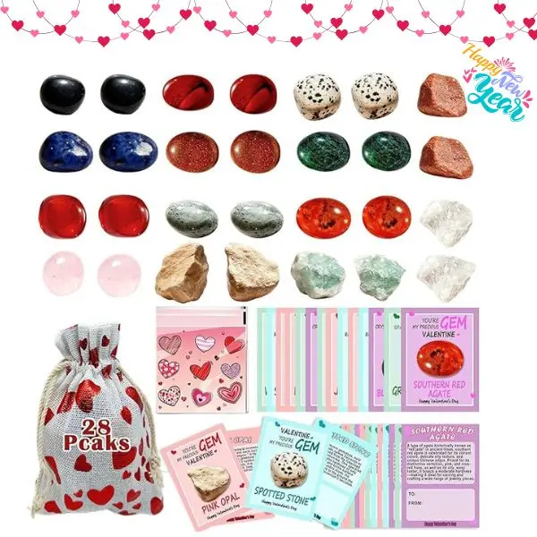 28-Pack Gem Valentine’s Day Cards with Bags, Classroom Exchange Cards, Party Favors & Kids Valentine Gifts