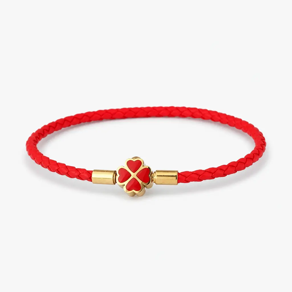 Women's Classic Red String Bracelet - PU Leather Braided Design with 4-Leaf Clover Charm, Integrated Clasp, Kabbalah Lucky Protection Amulet, Stacking-Friendly Casual Friendship Jewelry Gift, 8.27in