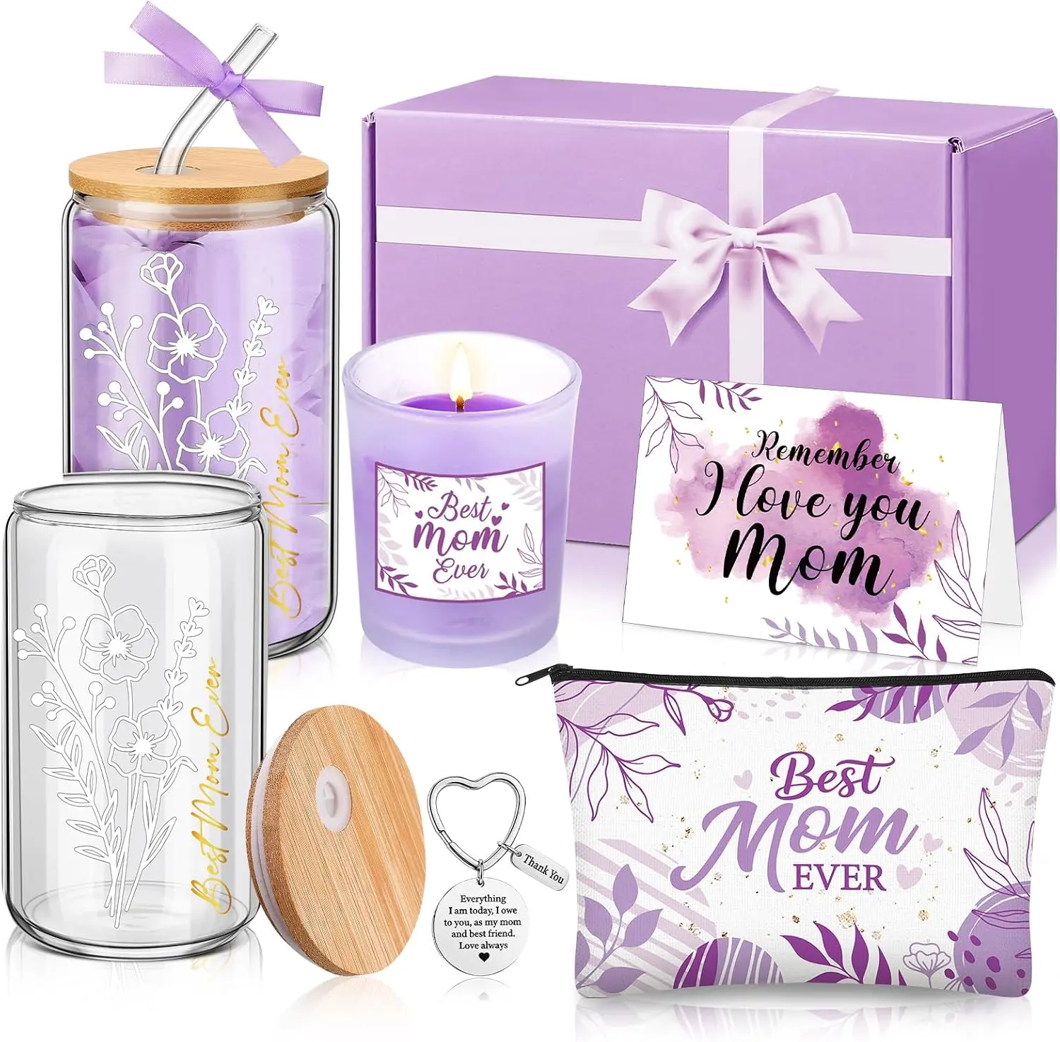 Birthday Gifts for Mom 6 Pcs Best Mom Ever Gifts Box Set Mom Birthday Gift Ideas Box with 16oz Glass Cup Scented Candle Makeup Bag Heart-shaped Keychain Greeting Card Thank You Gifts for Christmas, Thanksgiving