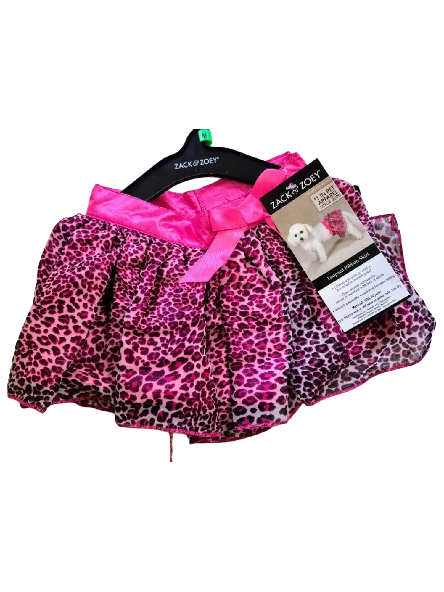 Zack and Zoey Pink Leopard Print Pet Skirt with Ribbon Accent, Medium Fit, Adjustable, Polyester-Chiffon-Satin Material, Chiffon Fabric for Small Animals (Colorful Look), One-Piece