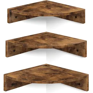 Corner Shelf Wall Mount, Set of 3 Floating Corner Shelves with Cord Hole, 3 Tier Wood Wall Display Shelf, Storage for Bathroom Living Room Kitchen Bedroom, Rustic Brown and Black