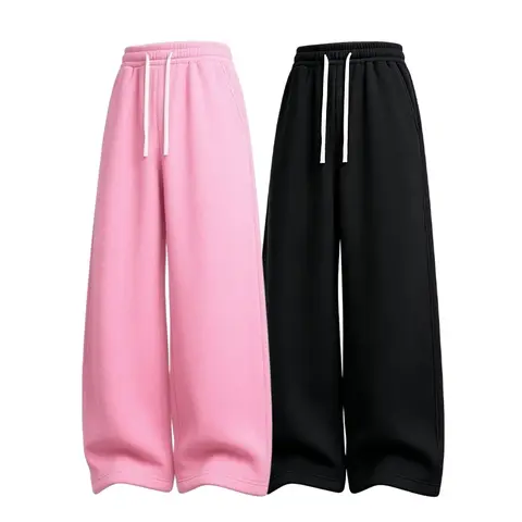 Men’s Autumn Winter Polyester Fleece Knitted Sweatpants - Baggy Legged, Straight Cut, Loose-Fit, Elastic Drawstring Waist, Solid Plain Casual Sporty Trousers for Everyday Wear, Athleisure Home Pants