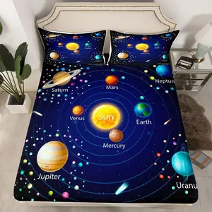 Kids Outer Space Fitted Sheet,Starry Sky Galaxy Bed Sheet Planet Space Bedding Set for Adult Bedroom Decor,Solar System Cosmos Fitted Bed Sheets,Blue Purple(No Top Sheet)