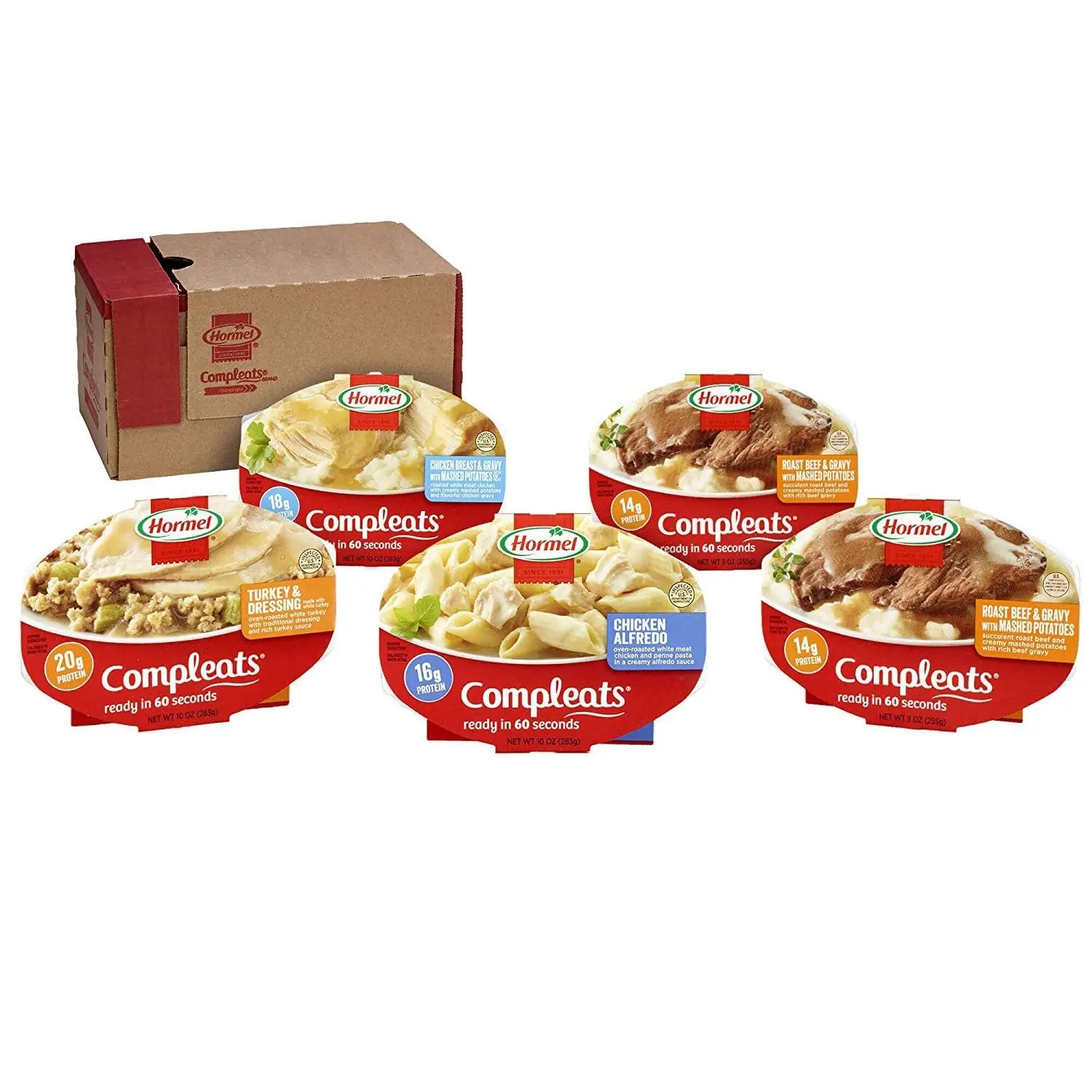 High-Protein Shelf-Stable Single-Serve Microwave Meals Variety Pack - 5-Count Ready-to-Eat Entrées (Chicken Alfredo, Turkey) with Homestyle Recipes for Locker, Pantry Storage (Lunch, Dinner Options)
