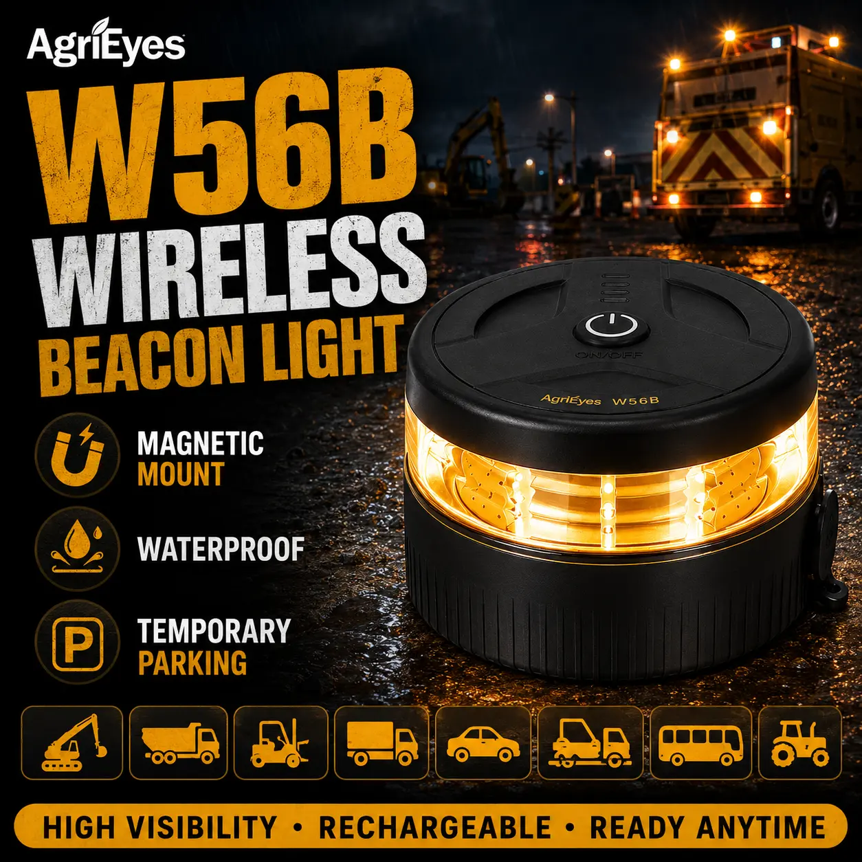AgriEyes W56B Wireless Beacon Light – Rechargeable LED Strobe Light, Magnetic Base, IP67 Waterproof, 12H Use, Father’s Day Gift, Truck, Tractor, Strobe Lights For Trucks, Rechargeable Work Light