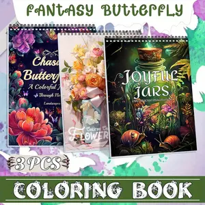 3pcs Adult Coloring Books - Chasing Butterfly, Flower World & Joyful Jars Themes - Thick Paper, Vibrant Designs, Spiral Bound A4 - Entertainment, Leisure, Relaxation for Men & Women - Perfect Gift for Holidays, Christmas, Valentine’s Day, New Year