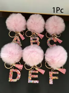 1 Pc, Trendy Cute Keychain, Alphabet Initial Letter Keychain Cute Plush Pom Pom Key Chain Ring Bag Backpack Charm Car Hanging Pendant Women Girls Gift, Wallet and handbag accessories, keychain with tassels, Keychain For Bags