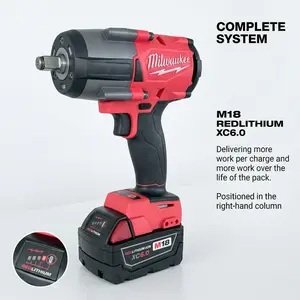 Milwaukee M18 FMTIWF12 Mid-Torque 1/2 Inch Impact Wrench Kit with 18V Lithium-Ion Battery and Charger for Heavy Duty Automotive Repair and Construction Featuring 1000Nm Torque 3000 RPM 3100 IPM and Friction Ring