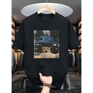 Men's Fun Selfie Cat Traffic Light Pattern T-Shirt Black Cotton Short Sleeve Round Neck Ginger Yellow Spotted Cat Design For Daily Casual Street Wear Machine Washable All-Season Style Weekend Fashion Top Durable Humorous Clothing