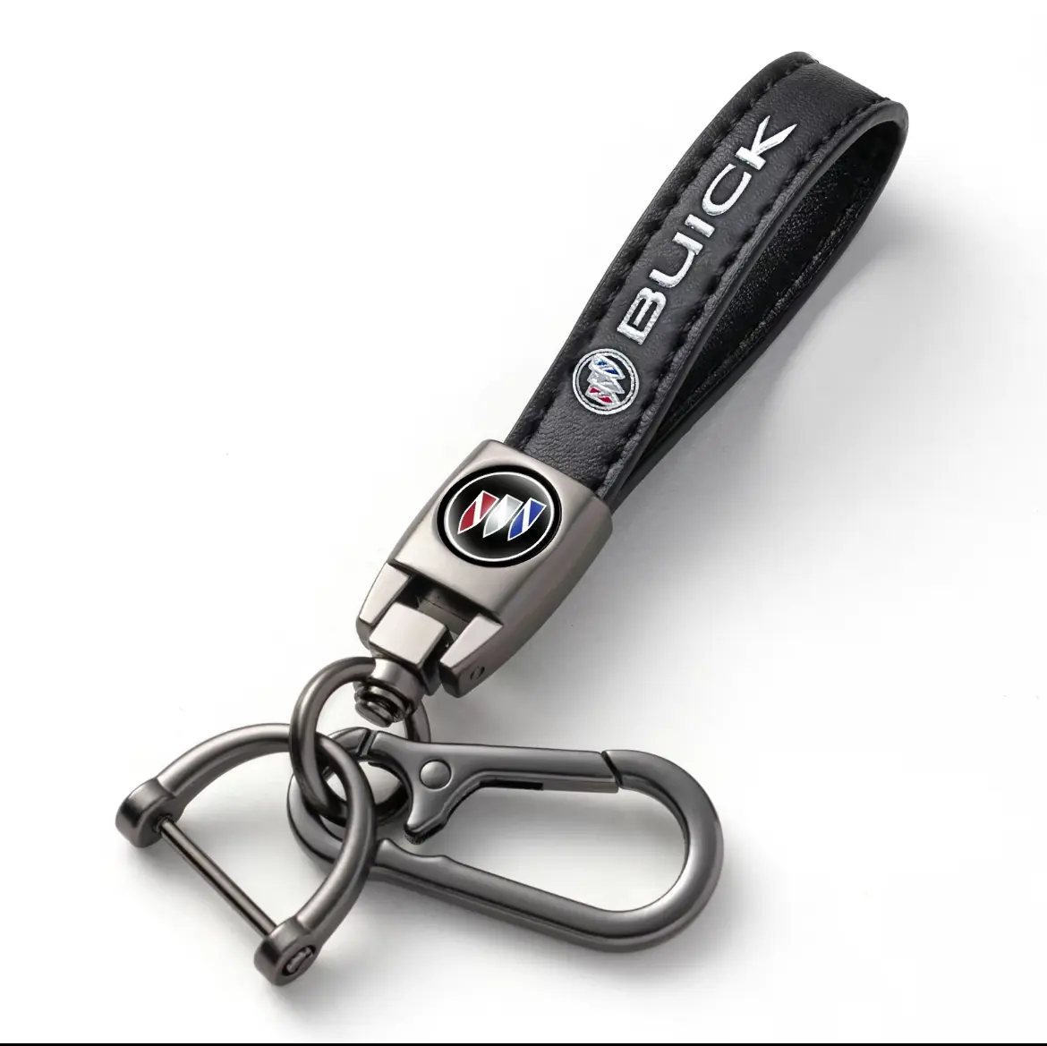 Genuine Leather Buick Keychain Auto Accessory - Metal Finish Screw-Free Clip Key Fob Holder for Enclave, Encore, Envision, LaCrosse, Regal, Verano & All Buick Models, 360° Rotating Heavy-Duty Key Strap Gift for Men
