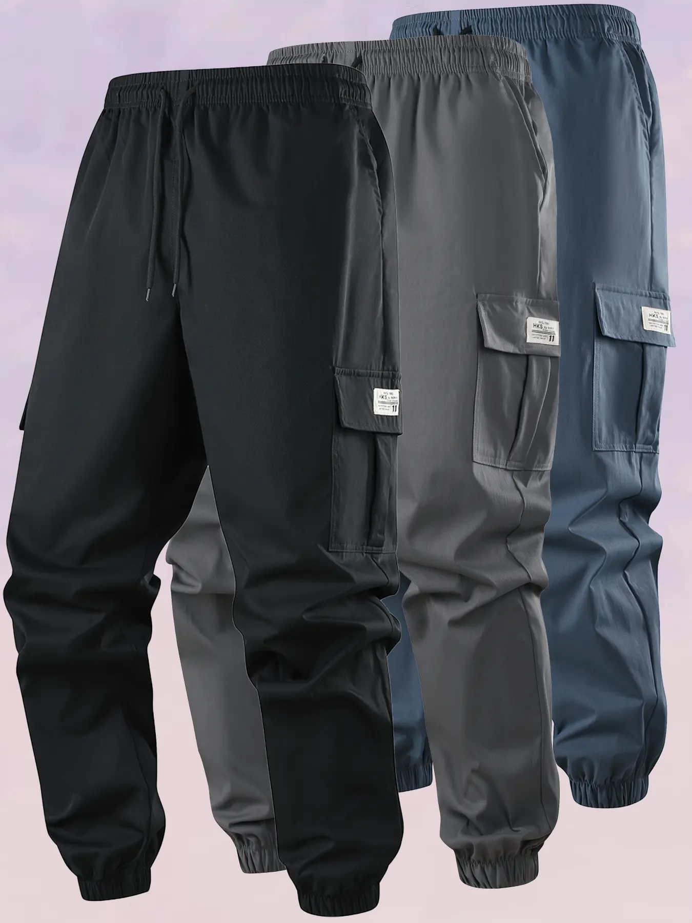 Men's Cargo Jogger Pants Three-Pack Lightweight Elastic Waistband Drawstring Cuffs Letter Embellishments All-Season Work Casual Exercise