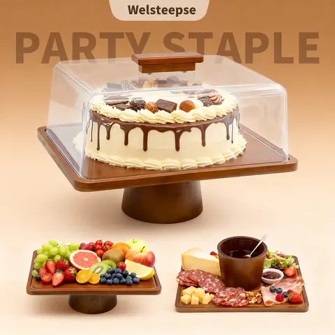 WELSTEEPSE Natural Bamboo Multi-Use Party Cake Stand with Acrylic Lid - Detachable, Eco-Friendly, Mildew-Proof, Antimicrobial 2-Sided Kitchen Fruit Bowl, Cheese Board for Chips, Dips, Veggies, Christmas Perfect Gift